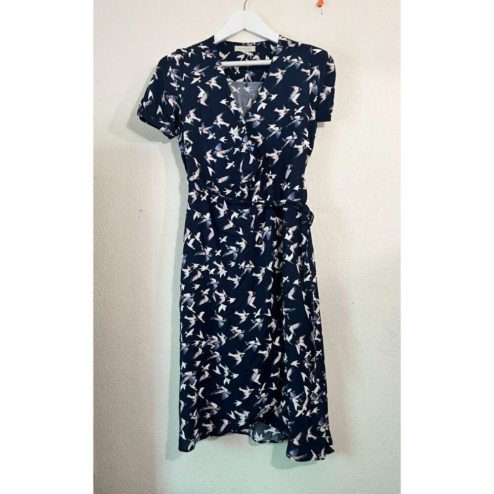11:TYLHO Women Blue Bird Print Short Sleeves Wrap Midi Dress XS Tie-Waist Casual